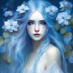 Mystical lady with long blue hair and a white dress, a blue hydrangea adorning her right eye, with streaks of azure blood on her face