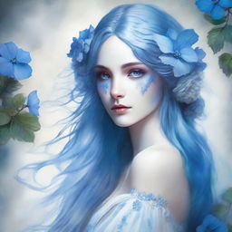 Mystical lady with long blue hair and a white dress, a blue hydrangea adorning her right eye, with streaks of azure blood on her face