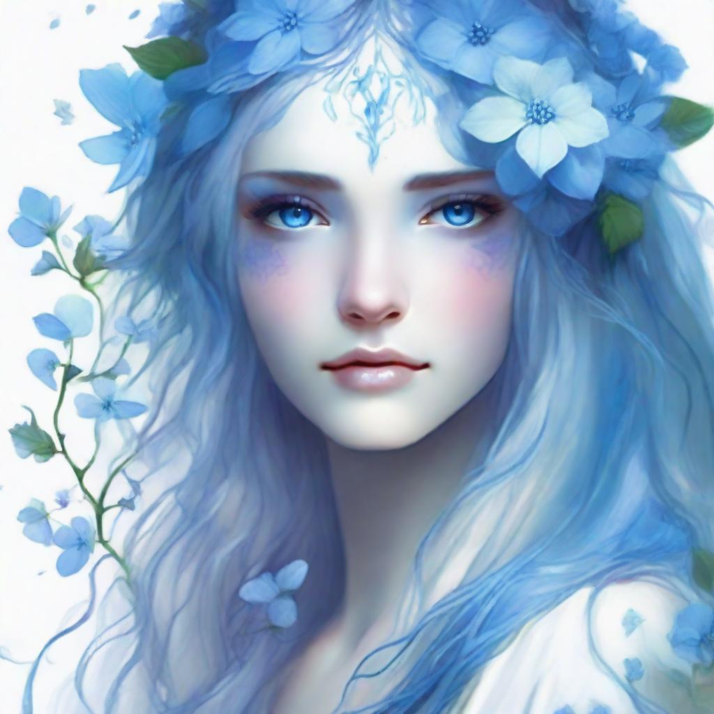 Mystical lady with long blue hair and a white dress, a blue hydrangea adorning her right eye, with streaks of azure blood on her face