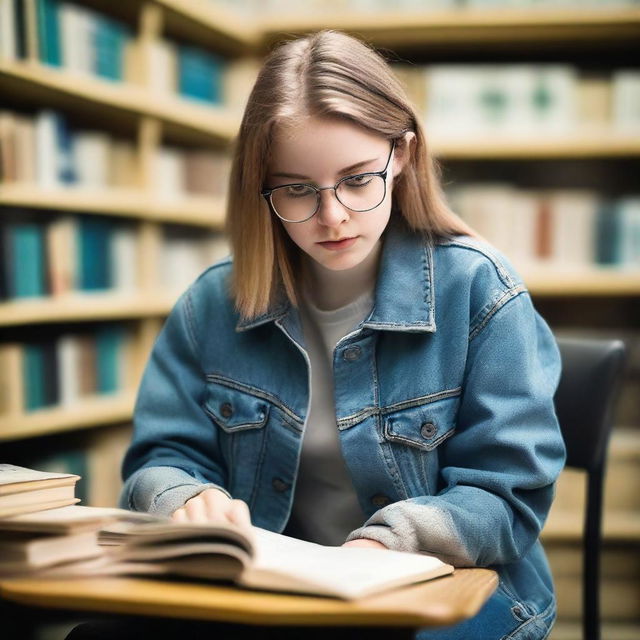 A cute 18 year old girl with glasses engrossed in reading books at a library, stylishly wearing a denim jacket and seated on a chair.