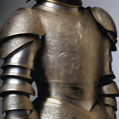 The artist depicted the armor details with intricate precision, including the ornate fauld worn by the knight.