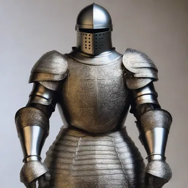 The artist depicted the armor details with intricate precision, including the ornate fauld worn by the knight.