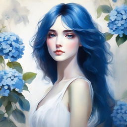 Artistic painting of an elegant lady with blue long hair, in a white dress, a blue hydrangea placed over her right eye