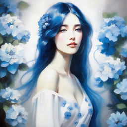 Artistic painting of an elegant lady with blue long hair, in a white dress, a blue hydrangea placed over her right eye