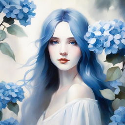 Artistic painting of an elegant lady with blue long hair, in a white dress, a blue hydrangea placed over her right eye