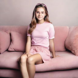 An adorable 18-year-old girl with glasses, sitting on a cozy sofa while radiantly dressed in a pink top and matching pink mini skirt.