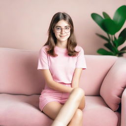 An adorable 18-year-old girl with glasses, sitting on a cozy sofa while radiantly dressed in a pink top and matching pink mini skirt.