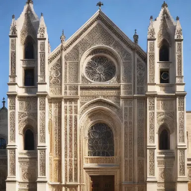 The intricate design of the cathedral facade showcases the use of polysyllables in its decorative elements.