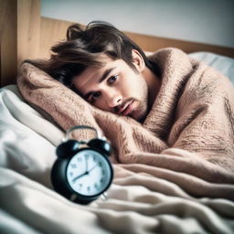 A languid young man lying in bed, enveloped in warm blankets, staring at his alarm clock displaying 7:51 am on a winter morning, reluctant to get ready for office