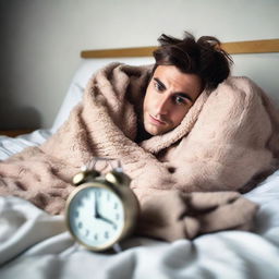 A languid young man lying in bed, enveloped in warm blankets, staring at his alarm clock displaying 7:51 am on a winter morning, reluctant to get ready for office