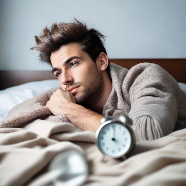 A languid young man lying in bed, enveloped in warm blankets, staring at his alarm clock displaying 7:51 am on a winter morning, reluctant to get ready for office