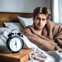 A languid young man lying in bed, enveloped in warm blankets, staring at his alarm clock displaying 7:51 am on a winter morning, reluctant to get ready for office