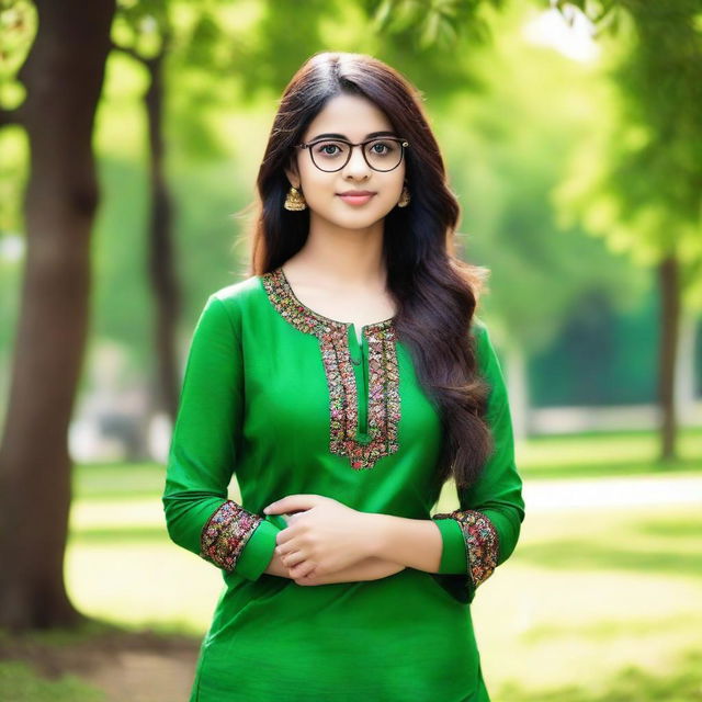 A cute 18-year-old girl with glasses, elegantly dressed in an Indian salwar suit, standing in a green and vibrant park.