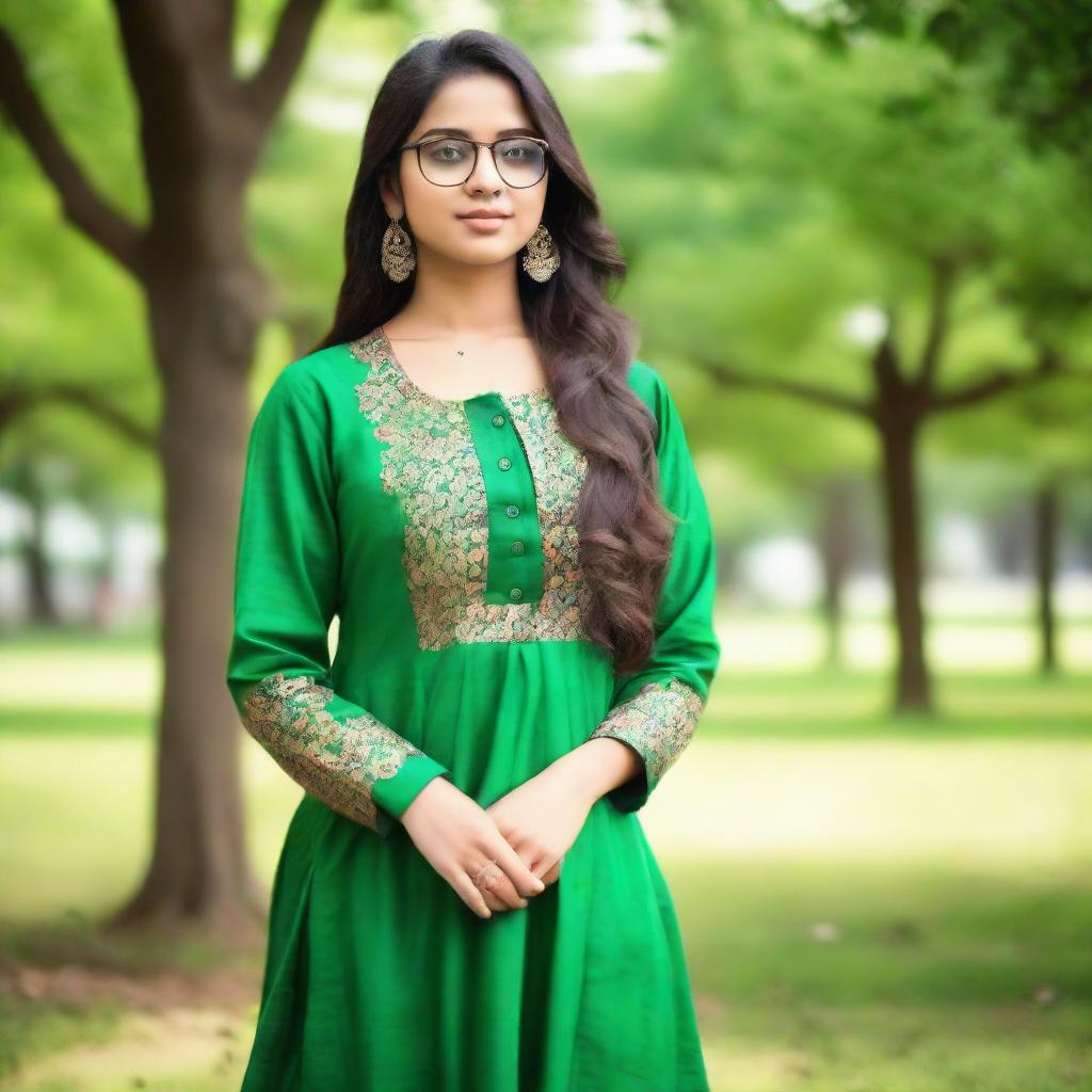 A cute 18-year-old girl with glasses, elegantly dressed in an Indian salwar suit, standing in a green and vibrant park.