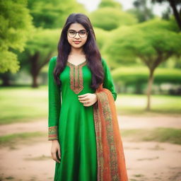 A cute 18-year-old girl with glasses, elegantly dressed in an Indian salwar suit, standing in a green and vibrant park.