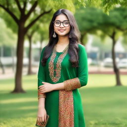 A cute 18-year-old girl with glasses, elegantly dressed in an Indian salwar suit, standing in a green and vibrant park.