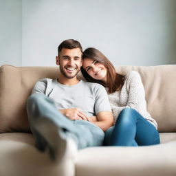 Loving couple sitting contently on the sofa