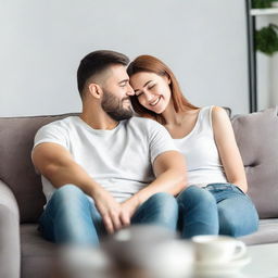 Loving couple sitting contently on the sofa