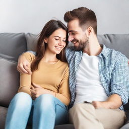 Loving couple sitting contently on the sofa