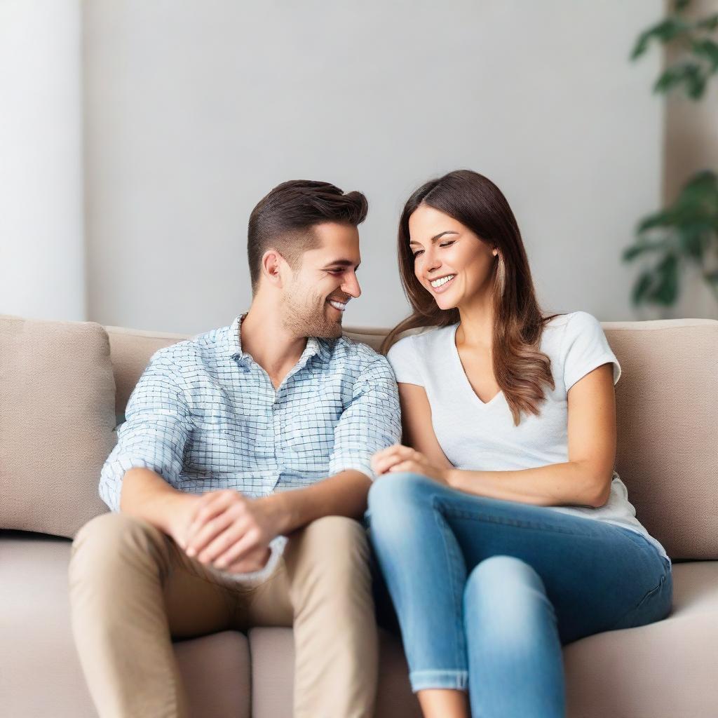 Loving couple sitting contently on the sofa