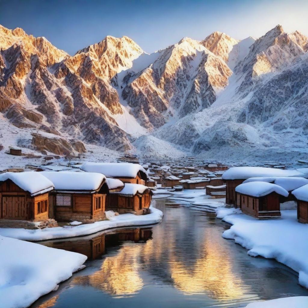 Mesmerizing winter scenes in Pakistan depicting the snow-capped mountains, frozen streams, and traditional houses against the backdrop of a sunrise/sunset.