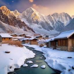 Mesmerizing winter scenes in Pakistan depicting the snow-capped mountains, frozen streams, and traditional houses against the backdrop of a sunrise/sunset.