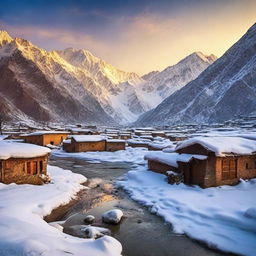 Mesmerizing winter scenes in Pakistan depicting the snow-capped mountains, frozen streams, and traditional houses against the backdrop of a sunrise/sunset.