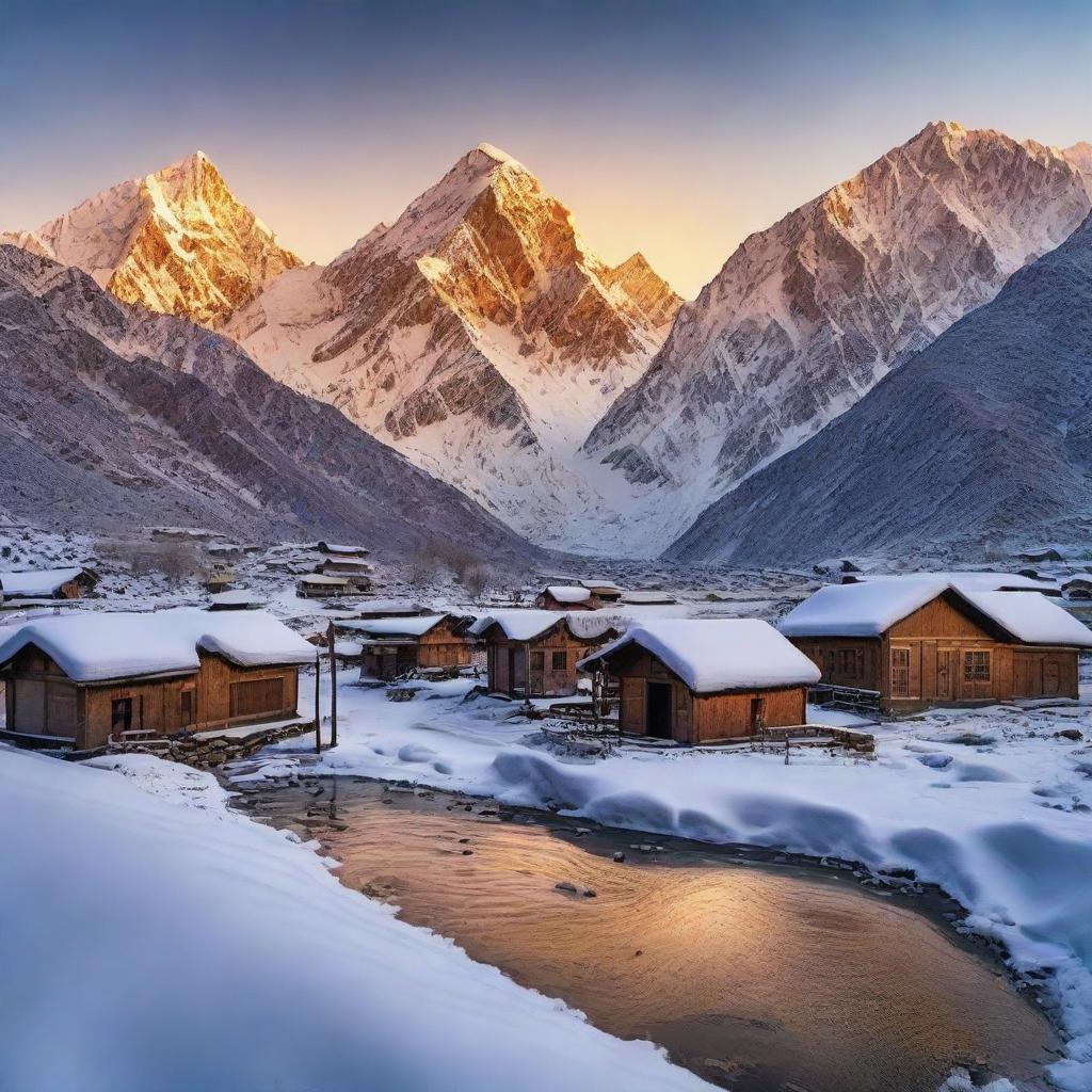 Mesmerizing winter scenes in Pakistan depicting the snow-capped mountains, frozen streams, and traditional houses against the backdrop of a sunrise/sunset.