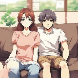 Anime-style depiction of a lovely couple sitting comfortably on a sofa