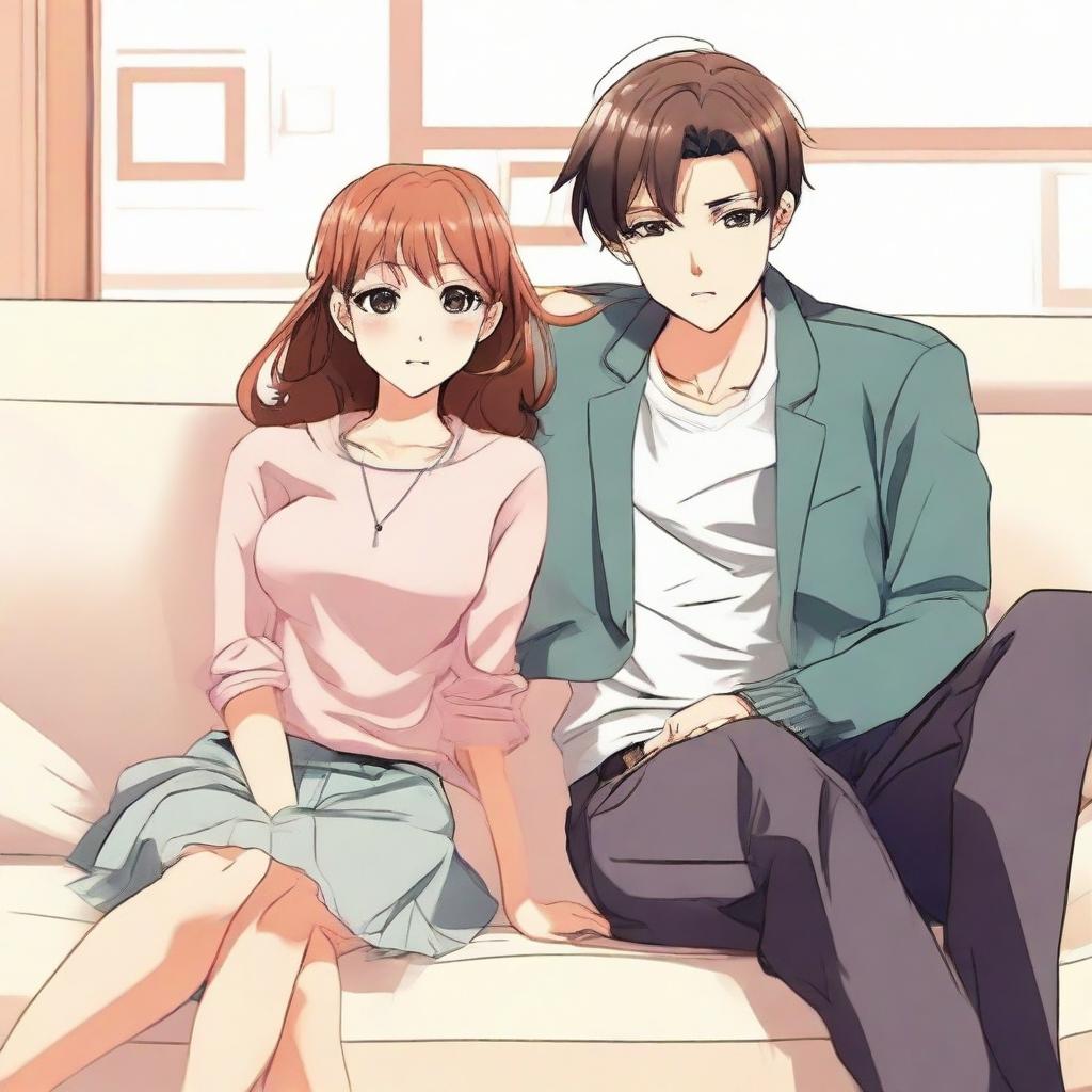 Anime-style depiction of a lovely couple sitting comfortably on a sofa