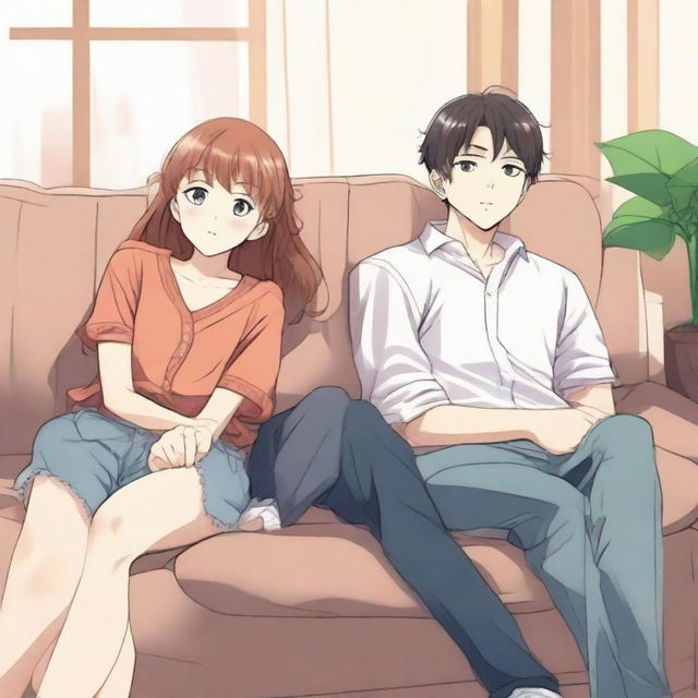 Anime-style depiction of a lovely couple sitting comfortably on a sofa