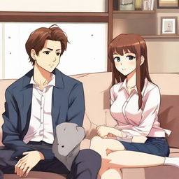 Anime-style depiction of a lovely couple sitting comfortably on a sofa