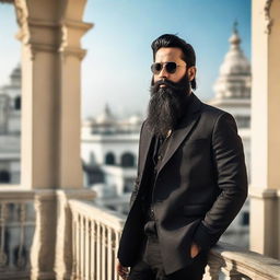 A handsome Indian man with a long beard, wearing a stylish black jacket and cool sunglasses, standing at a balcony.