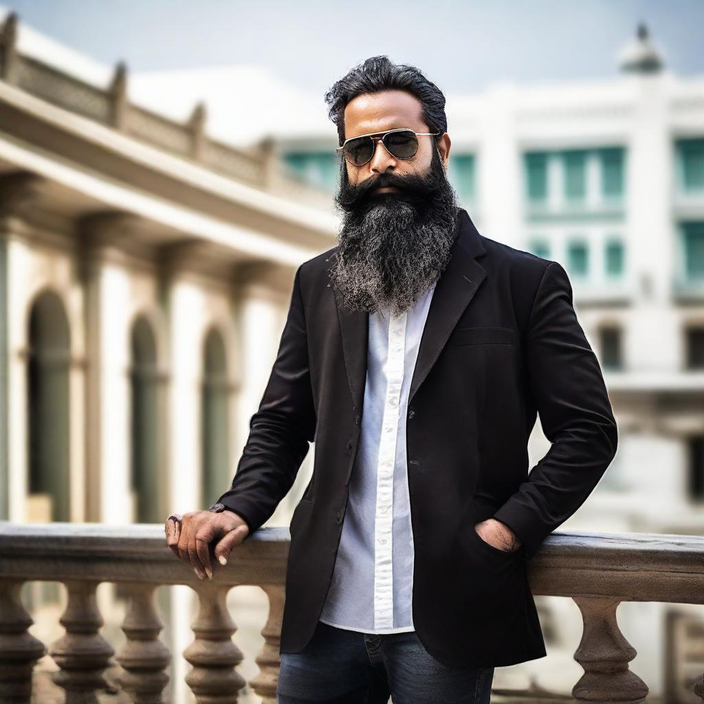 A handsome Indian man with a long beard, wearing a stylish black jacket and cool sunglasses, standing at a balcony.