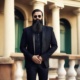 A handsome Indian man with a long beard, wearing a stylish black jacket and cool sunglasses, standing at a balcony.