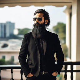 A handsome Indian man with a long beard, wearing a stylish black jacket and cool sunglasses, standing at a balcony.