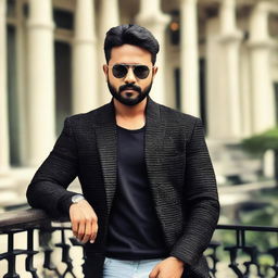 A handsome Indian man with a short beard, sporting a cool black jacket, posing on a balcony in trendy sunglasses.