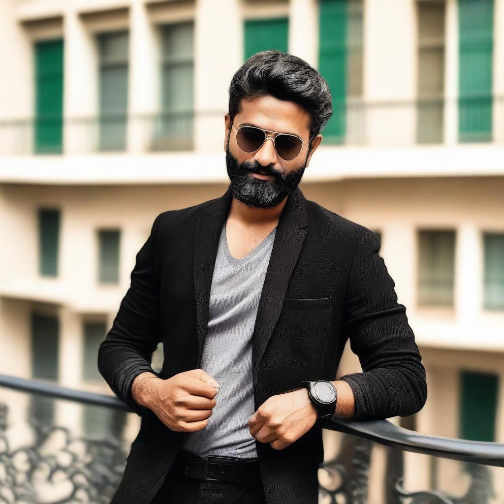 A handsome Indian man with a short beard, sporting a cool black jacket, posing on a balcony in trendy sunglasses.