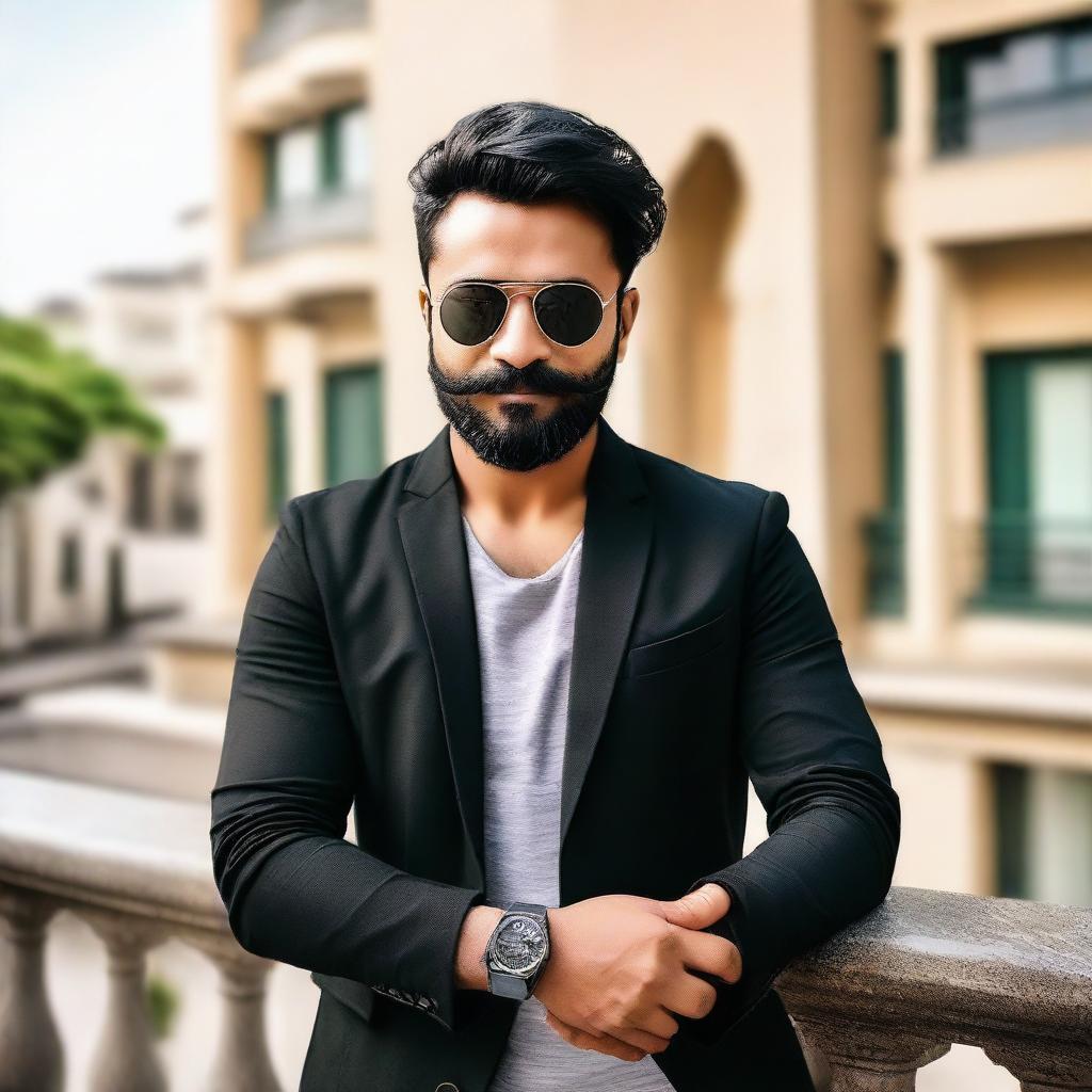 A handsome Indian man with a short beard, sporting a cool black jacket, posing on a balcony in trendy sunglasses.