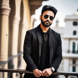 A handsome Indian man with a short beard, sporting a cool black jacket, posing on a balcony in trendy sunglasses.