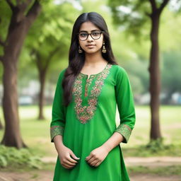 Teenage girl, looking charming with glasses, donned in traditional Indian salwar suit, standing gracefully in a lush green park.