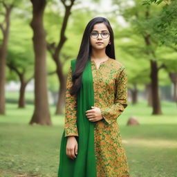 Teenage girl, looking charming with glasses, donned in traditional Indian salwar suit, standing gracefully in a lush green park.