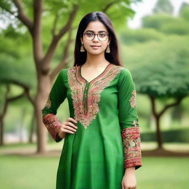 Teenage girl, looking charming with glasses, donned in traditional Indian salwar suit, standing gracefully in a lush green park.