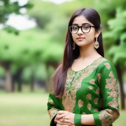 Teenage girl, looking charming with glasses, donned in traditional Indian salwar suit, standing gracefully in a lush green park.