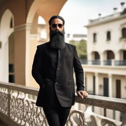 A stylish Indian man with a long beard, wearing a black jacket and sunglasses, stands confidently on a balcony.