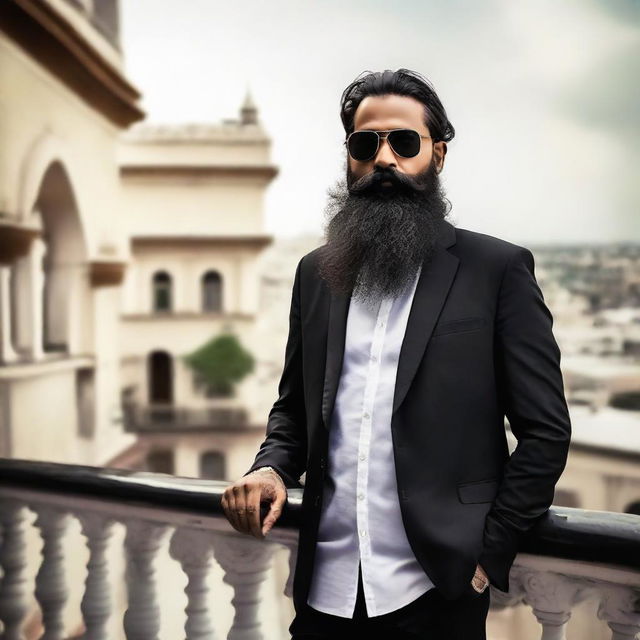 A stylish Indian man with a long beard, wearing a black jacket and sunglasses, stands confidently on a balcony.