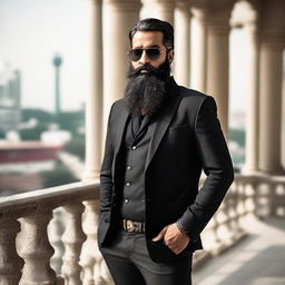 A stylish Indian man with a long beard, wearing a black jacket and sunglasses, stands confidently on a balcony.