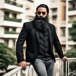 A stylish Indian man with a long beard, wearing a black jacket and sunglasses, stands confidently on a balcony.