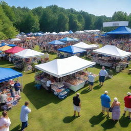 A lively blueberry festival scene under the sunny sky, with stalls selling fresh blueberries, blueberry pastries, and attendees enjoying the event.