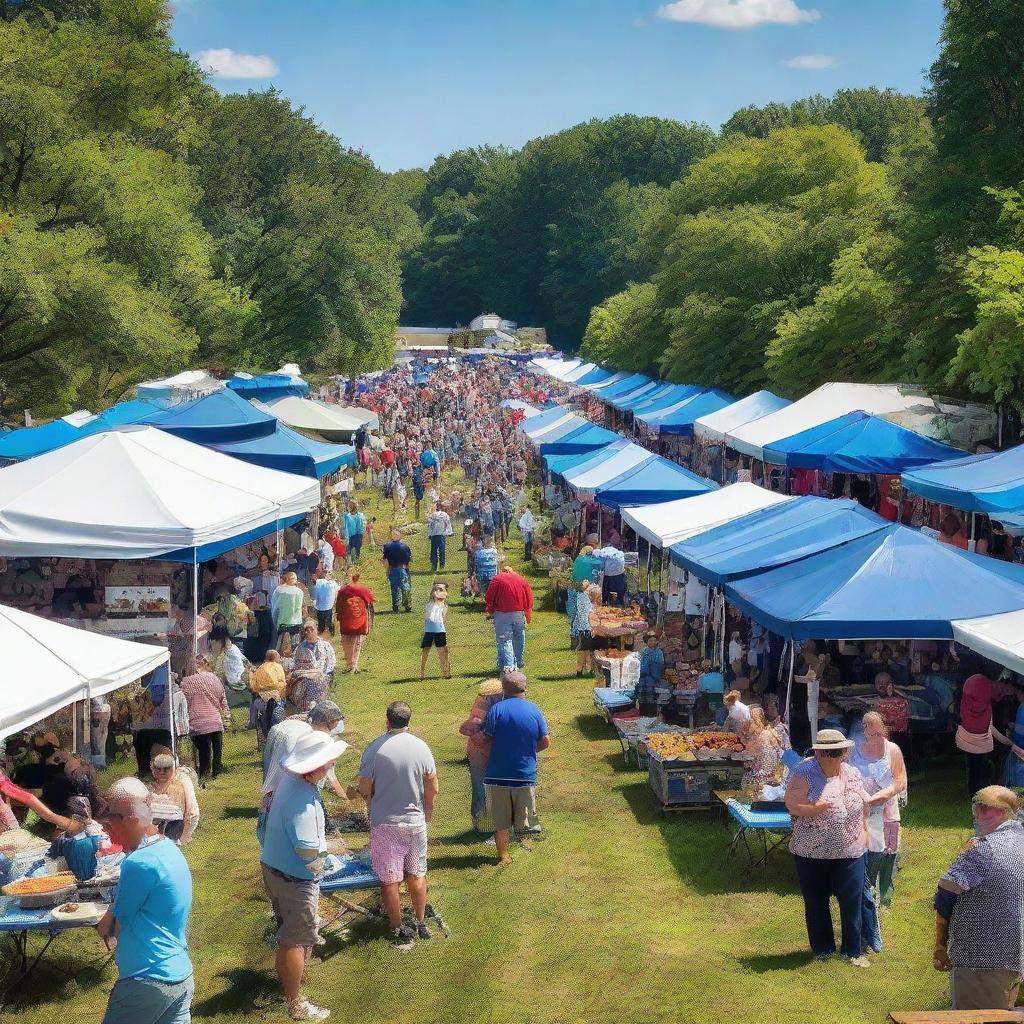 A lively blueberry festival scene under the sunny sky, with stalls selling fresh blueberries, blueberry pastries, and attendees enjoying the event.